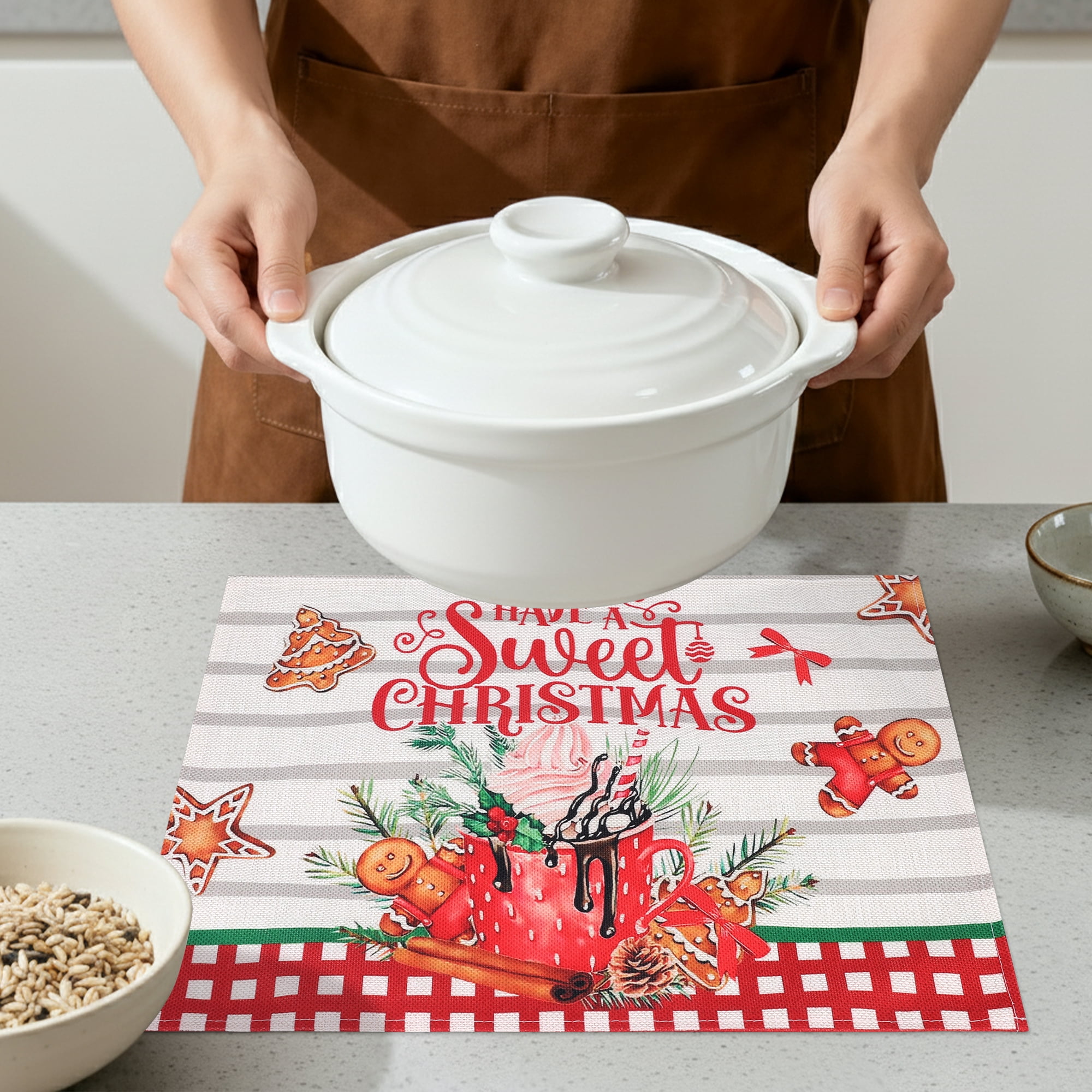 Unique Bargains Set of 6 Washable Linen Placemats Kitchen Table Mat Plaid