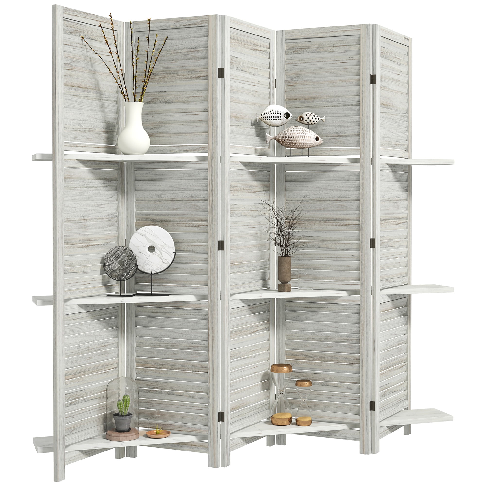 HOMCOM 5 Panel 67" Tall Wood Privacy Screen Room Divider with 3 Display Shelves, and Folding Storage for Bedroom or Home Office, Distressed White