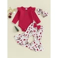 thumbnail image 2 of 3pcs Newborn Baby Girl Christmas Clothes Long Sleeve Ruffle Ribbed Romper  + Santa Claus Flare Pants+ Headband, 2 of 9