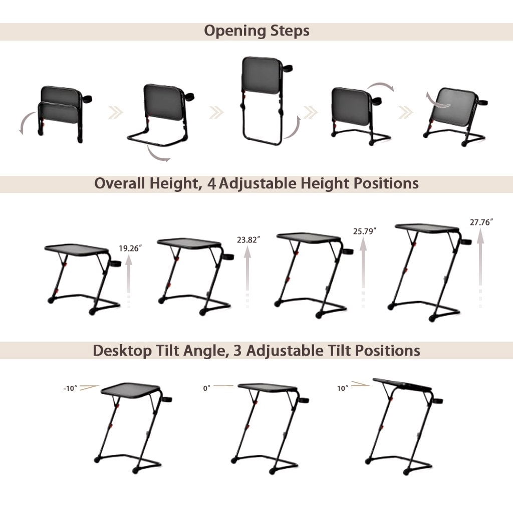 Gewnee Folding Table Trays,with 4 Height & 3 Tilt Angle,TV Tray Table with Cup Holder,Dinner Tray for Eating on Couch,Laptop & Bed.Black