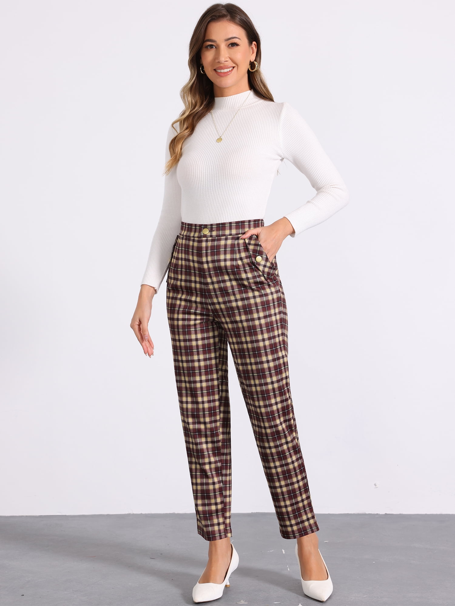 DARING DIVA Women's Tartan Plaid Pants Elastic Waist Straight Trousers S Wine Red Yellow