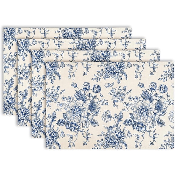 Vintage Floral Placemats Blue Flower Table Mats Non-Slip Heat Resistant Washable Table Dinner Mats for Home Kitchen Decor, 12 x 18 Inch, Set of 4, Blue, White