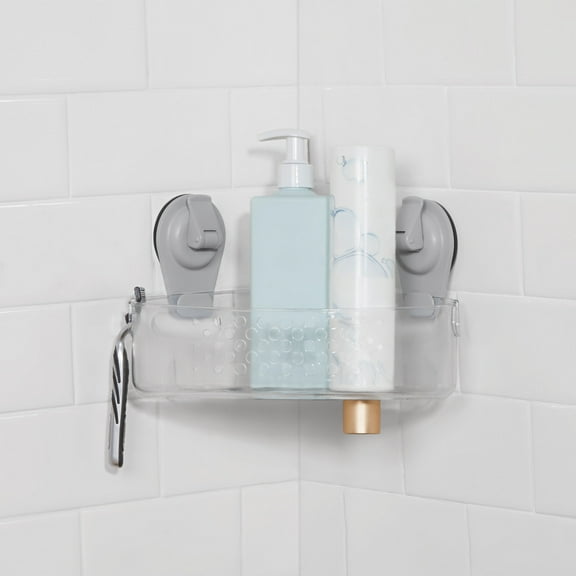 Mainstays Clear Wall-Mounted Corner Suction Bath Basket, Easy to Install, No Tools