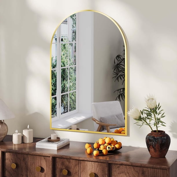 30x40 pulgadas arched wall mirror - wall - mounted vanity mirror con arch metal frame para bathroom, dormitorio o sala de estar, gold (hanging o leaning)