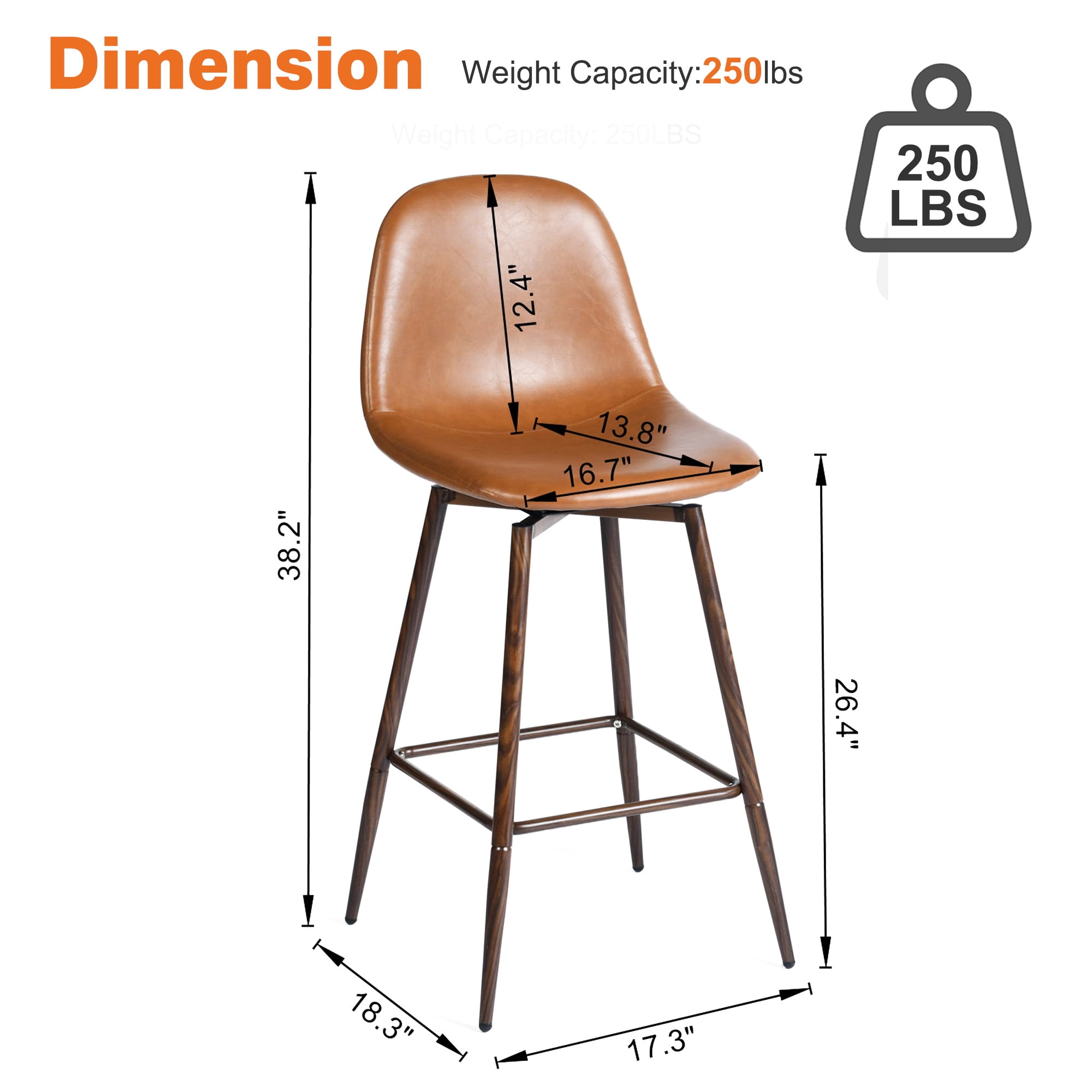 Homy Casa 26" Swivel Counter Height Bar Stools, Set of 2, Cognac Faux Leather, Wood-Look Metal Legs