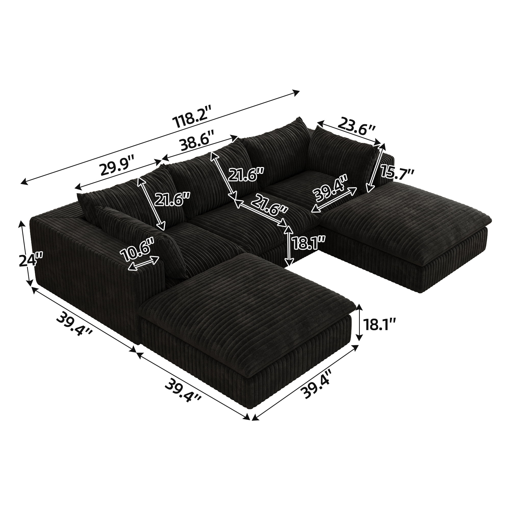 MAYEERTY 118.2" Cloud Sofa Black Corduroy Fabric Deep Seat Double-Layer Design Removable Cushion No Assembly DIY Combination for Multi-Rooms