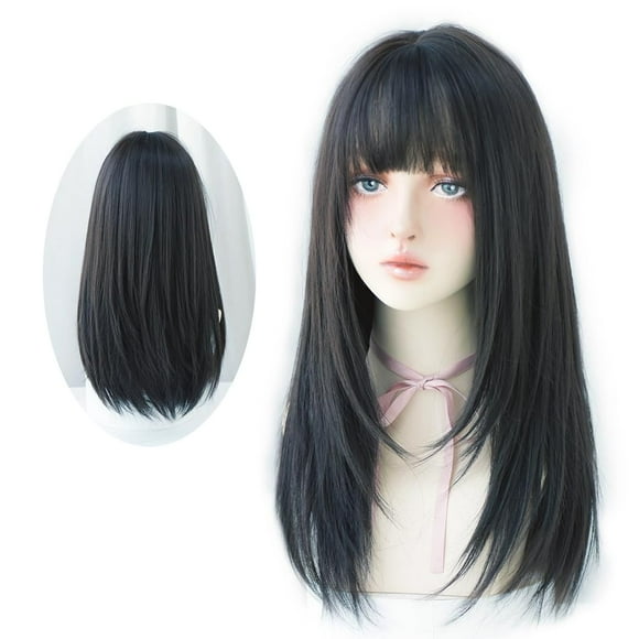 URCGTSA Peluca larga y recta de pelo negro con flequillo, peluca sintética de capa suave para mujeres, peluca de suministro de cosplay para fiestas (22 pulgadas, marrón oscuro)