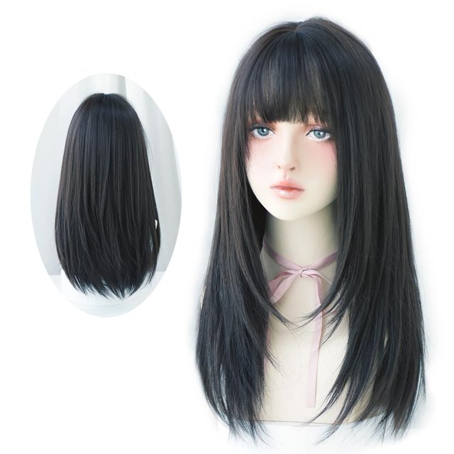 URCGTSA Peluca larga y recta de pelo negro con flequillo, peluca sintética de capa suave para mujeres, peluca de suministro de cosplay para fiestas (22 pulgadas, marrón oscuro)