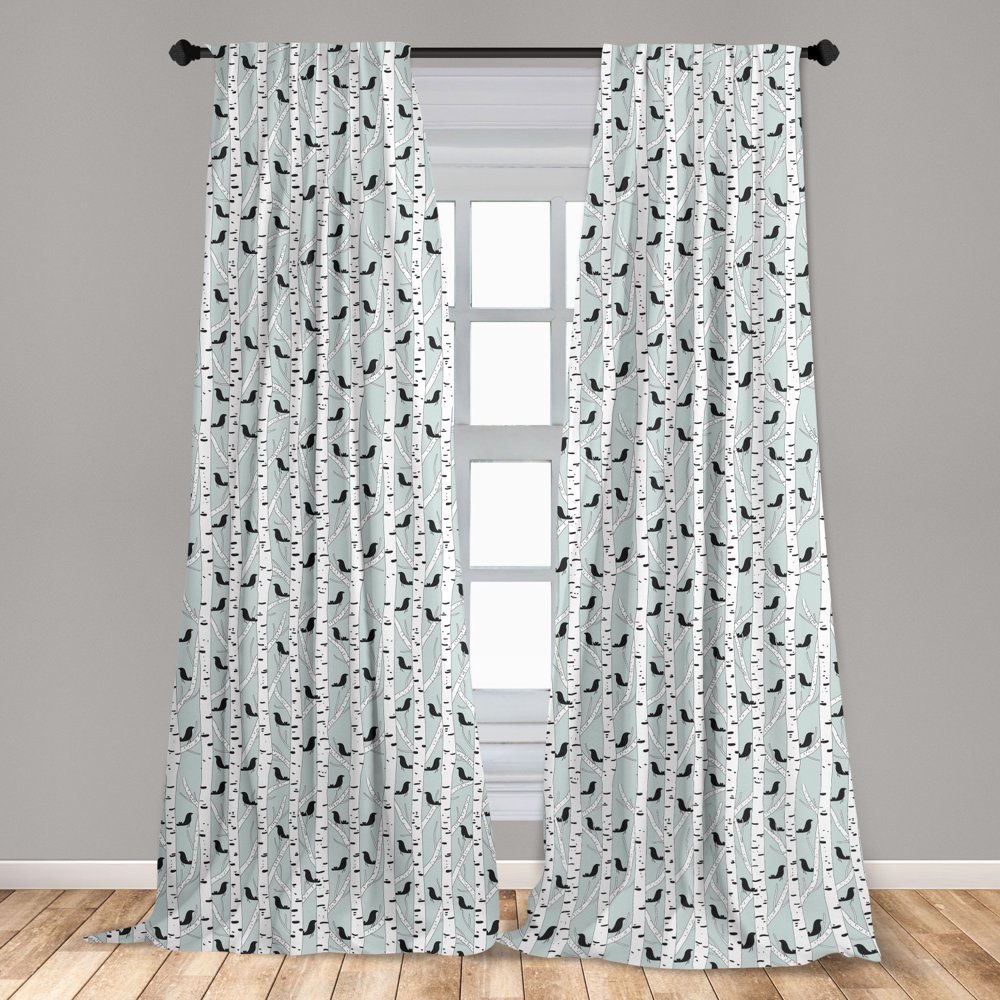 Woodland Curtains 2 Panels Set, Silhouettes of Birds on Birch Trees