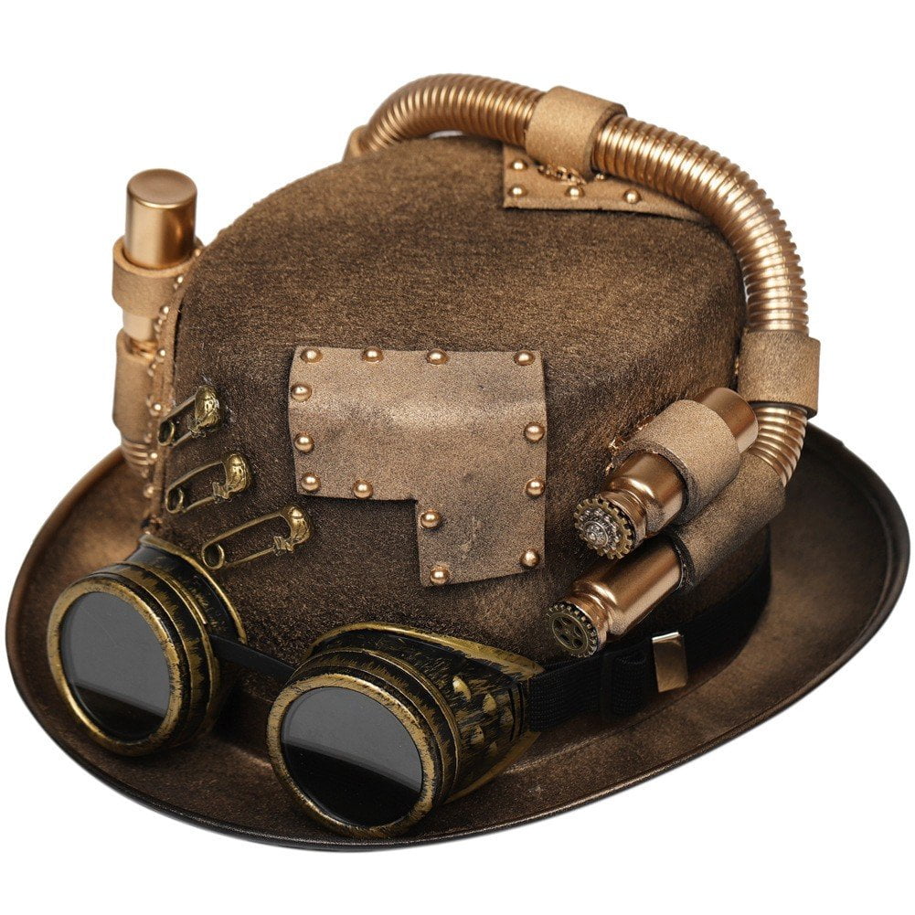 Jiibva Unisex Victorian Steampunk Top Hat with Goggles Bowler Hat for Men Women Carnival Halloween Party