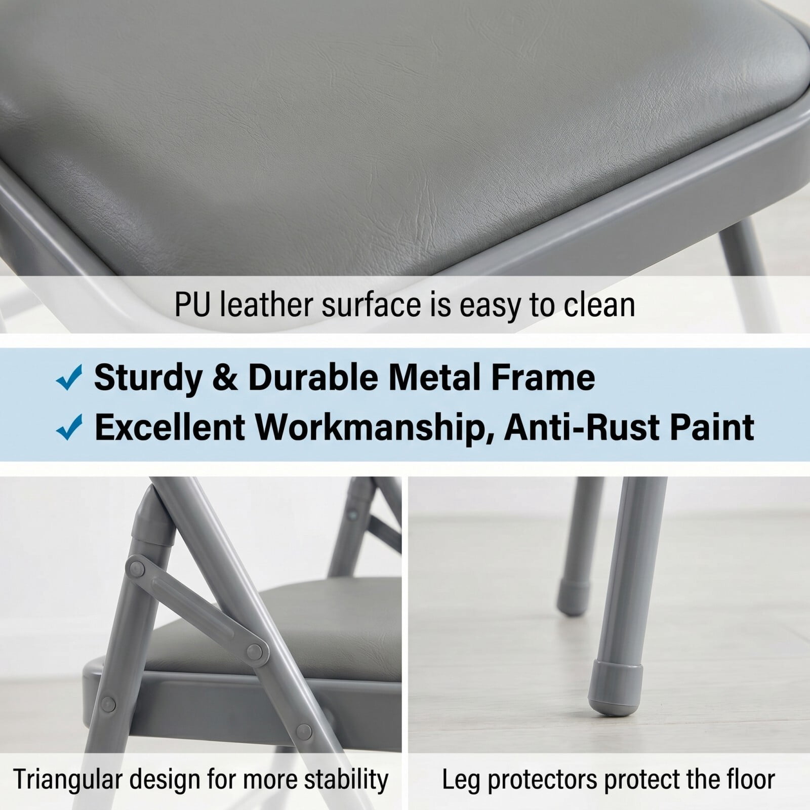 Kelno Folding Chair Set of 4 PU Leather Padded Guest Chairs with Lightweight Sturdy Metal Frame, Gray