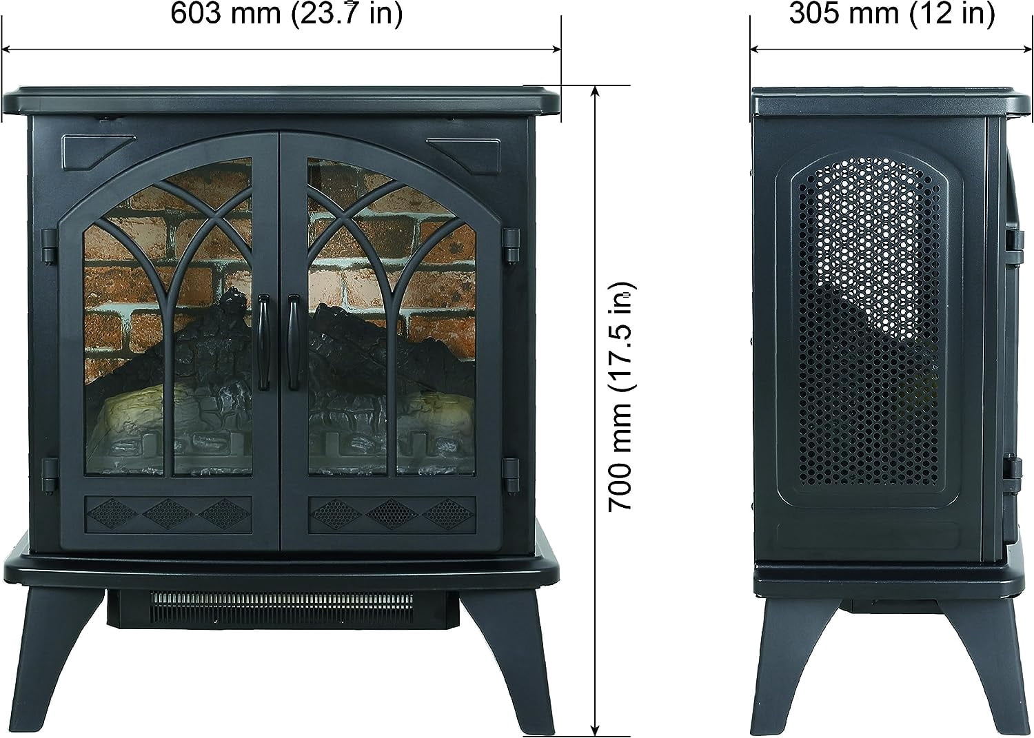 23.7Inch 3D Infrared Electric Stove Heater, Free-Standing Infrared Fireplace, LED Light Source, 1500W, 5018BTU, Overheating Protection, Remote, Timer, Black & Wall Tiles Background