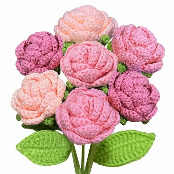 Handmaded Crochet Rose Bouquet, 7PCS Crochet Flower Bouquet Artificial Pink Rose Knitted Flowers Gift for Women Home Office Wedding Table Centerpieces Vase Decor