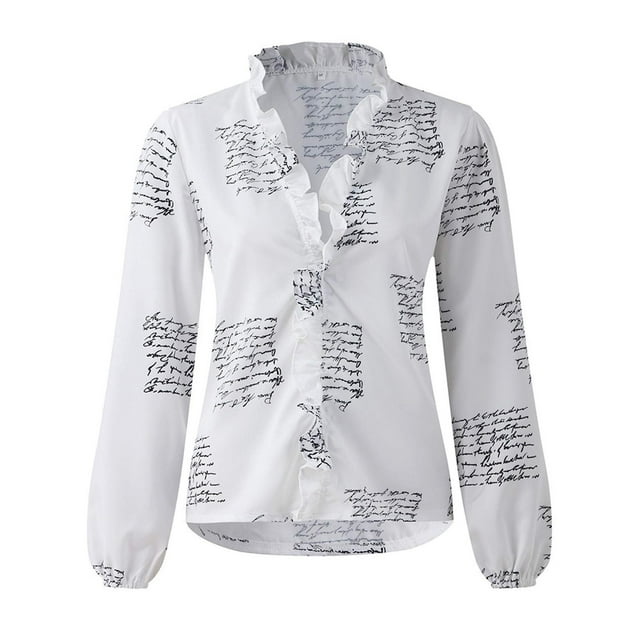 Daeful Blouse V Neck Tops Ruffled Shirts Ladies Loose Stitched Long Sleeve Tees Letters 3XL