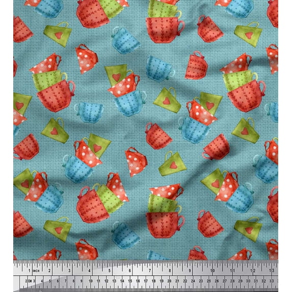 Soimoi Blue Rayon Fabric Cup & Mug Kitchen Printed Fabric 1 Yard 56 Inch Wide