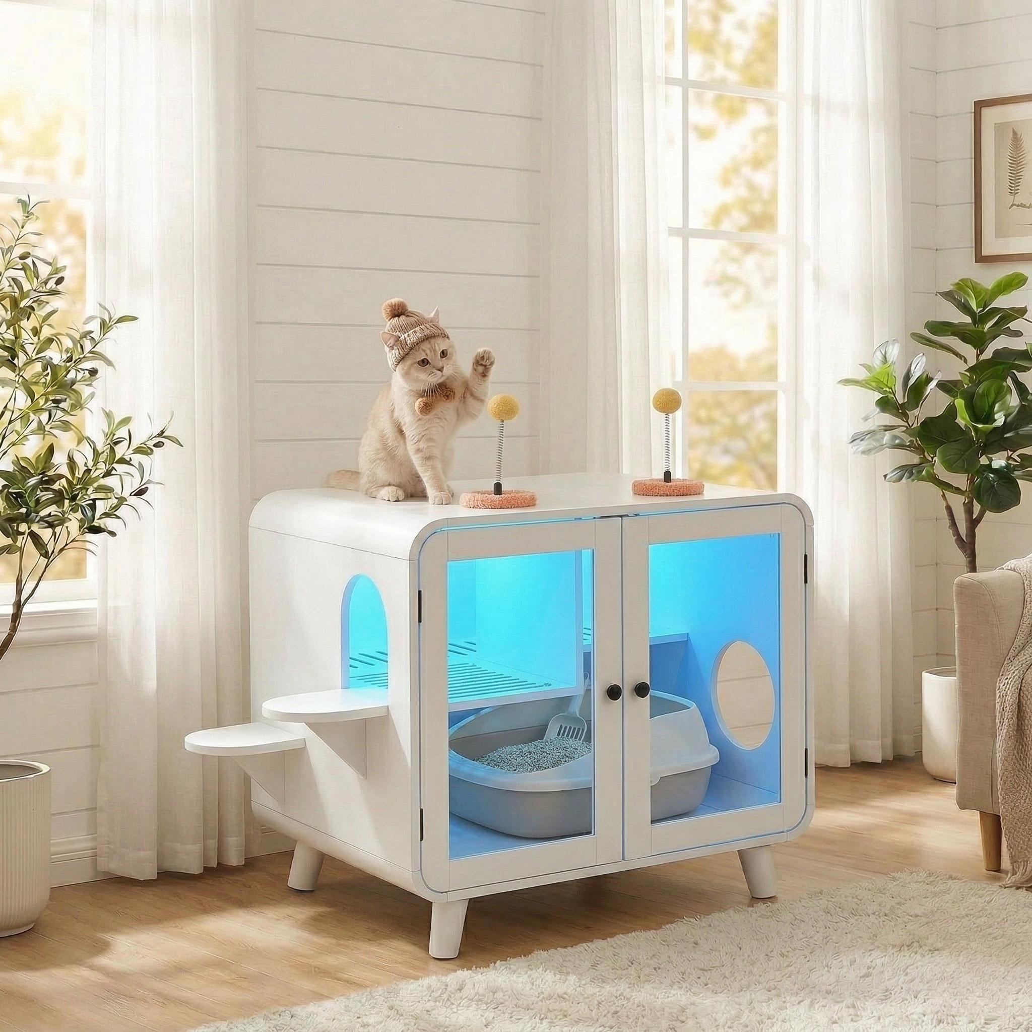 White Hidden Cat Litter Box Enclosure with RGB LED Light, TV-Style Cat House Cabinet with Stairs, Pom-pom Toy, Litter Leak Walkway and Glass Doors for Indoor Cats