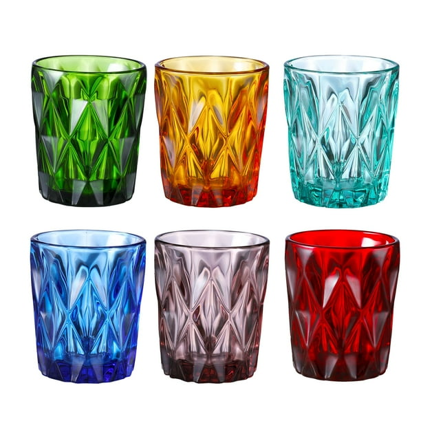 Colored Glass Drinkware 9 Ounce Water Glasses Multi Color Diamond Pattern Set Of 6