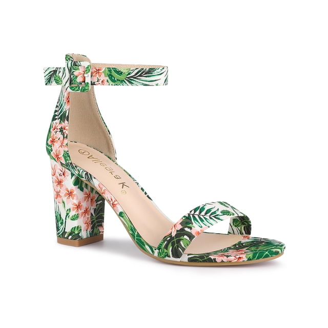 BLISSFUL STEP Women's Shoes Flower Print Open Toe Block High Heels Summer Sandals Green 9.5