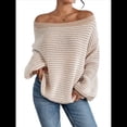 thumbnail image 1 of Suéter de Punto Holgado Informal de Larga con Rayas y Hombros Descubiertos para Mujer (Otoño 2025) Beige L, 1 of 7
