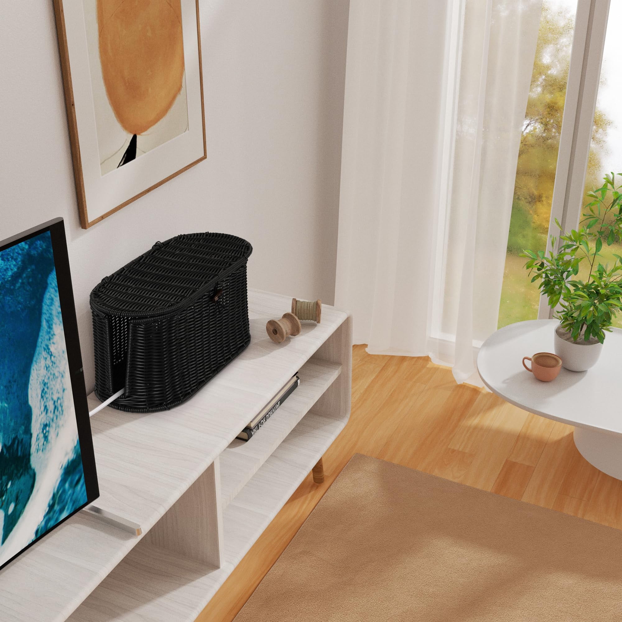 Handwoven Rattan Style Cable Management Box  Cord Organizer With Outlet Covers Hider For Power Strips Tidy Desk Floor And Home Organization