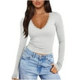 thumbnail image 2 of LEBONYARD Women's Casual Sexy V-Neck Shirts Fashion Lace Border Base Long Sleeve Solid Slim Tops, 2 of 9