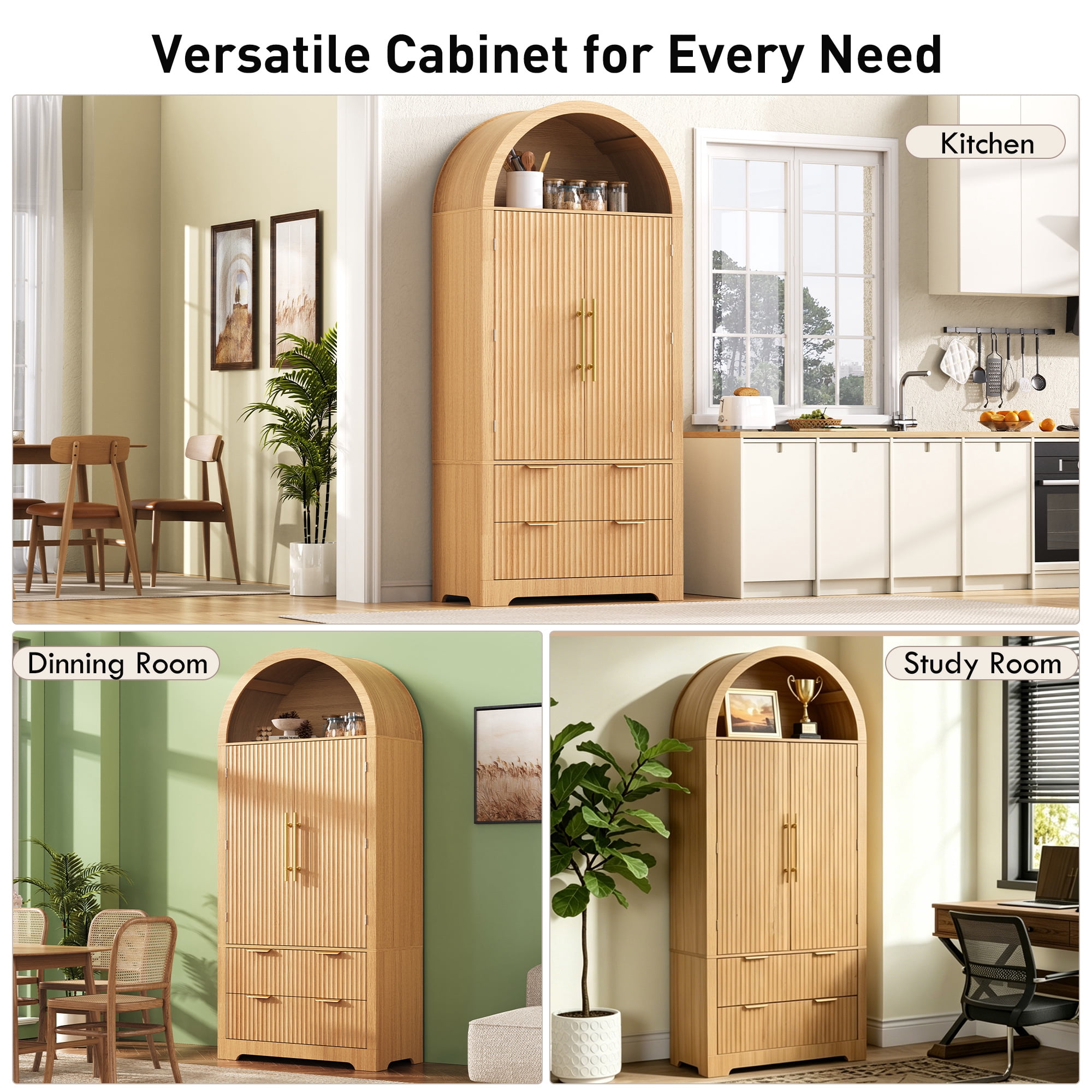 Aukfa Tall Arched Pantry Cabinet with Fluted Doors, Drawers & Adjustable Shelves for Kitchen Dining Room Storage,Natural