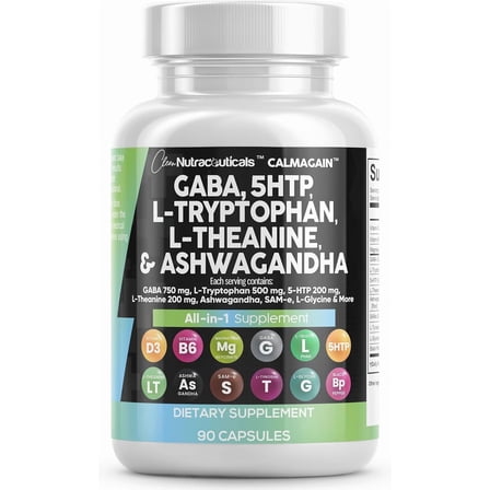 Clean Nutraceuticals GABA 750mg 5 HTP 200mg L Tryptophan 500mg L Theanine 200mg Ashwagandha SAM-e L-Glycine - Mood Support Vitamins for Women and Men with L-Tyrosine 5-HTP (5-Hydroxytryptophan)