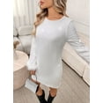 thumbnail image 4 of White Sequin Mini Dress With Feather Cuff, Round Neck Long Sleeve Straight Fit For Parties, 4 of 6