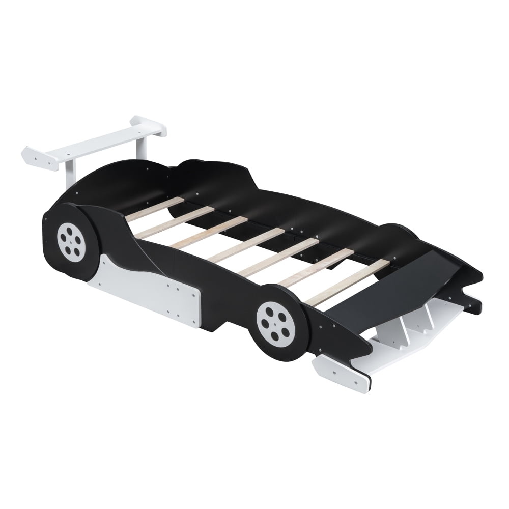 AUU Twin Size Race Car-Shaped Platform Bed with Decorative Wheels, No Box Spring Needed
