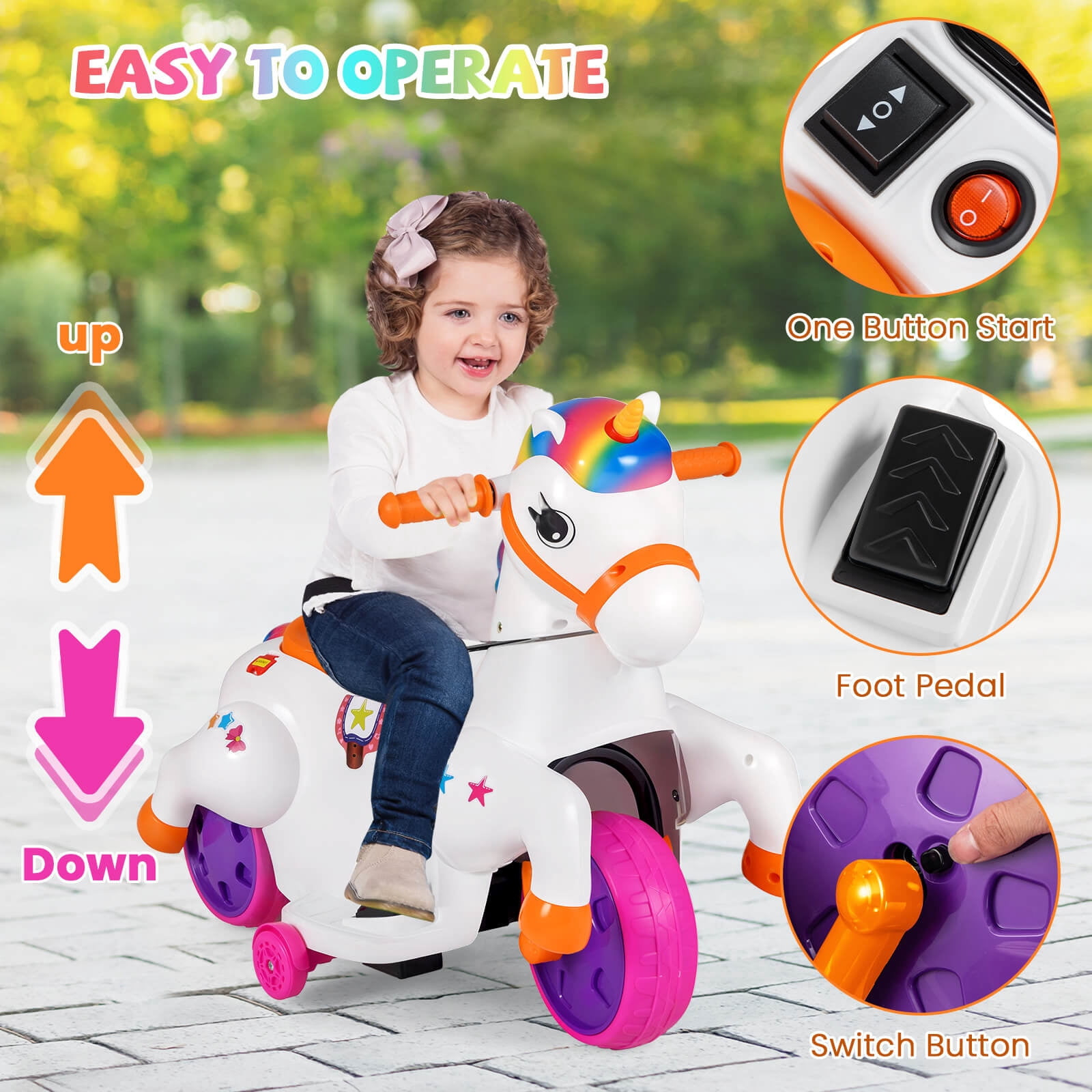 Costway 12V Kids Ride on Unicorn Toy with  Training Wheels Music One-button Start Horse Toy Multicolor