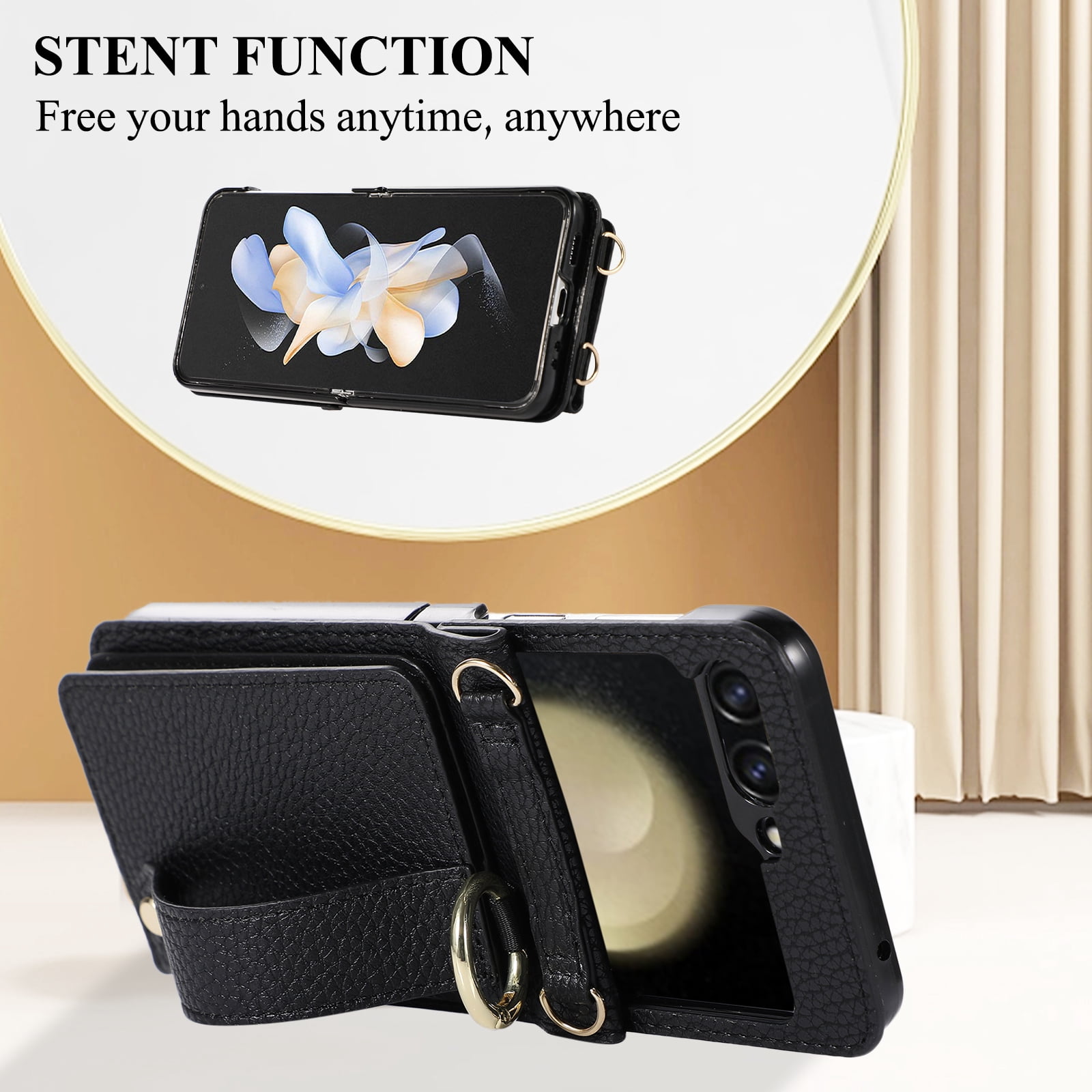 Dteck for Samsung Galaxy Z Flip 6 Wallet Case with Card Holder, Crossbody Wallet Case for Galaxy Z Flip6 5G with Hand Strap and Hinge Protection, Carrying Handbag Phone Case for Women Girls,Black
