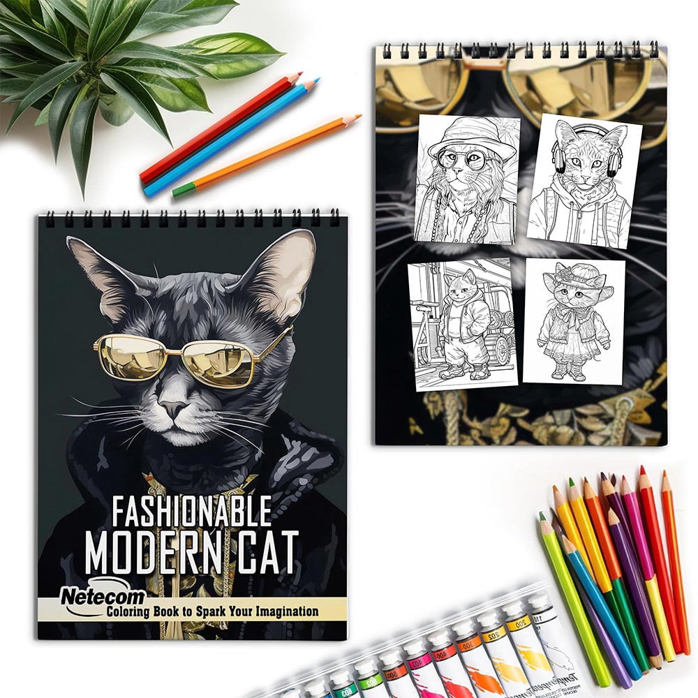 Netecom Fashionable Modern Cat Coloring Book for Adults, Spiral Bound, Soft Cover