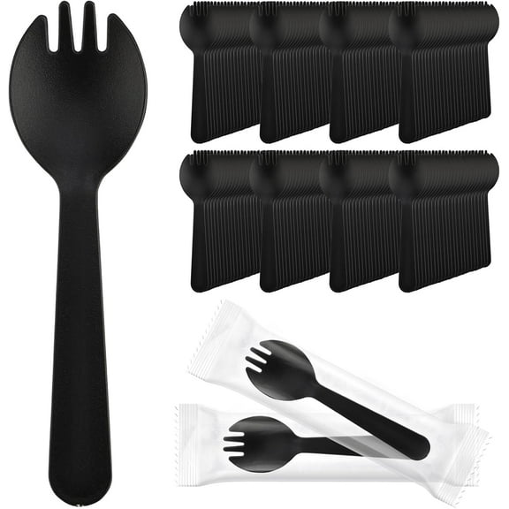 ERDOUY 200pcs Disposable Sporks, Heavy Duty Disposable Utensils Silverware Set Individually Wrapped Fork Spoon for Party Wedding Birthday Gathering-Black
