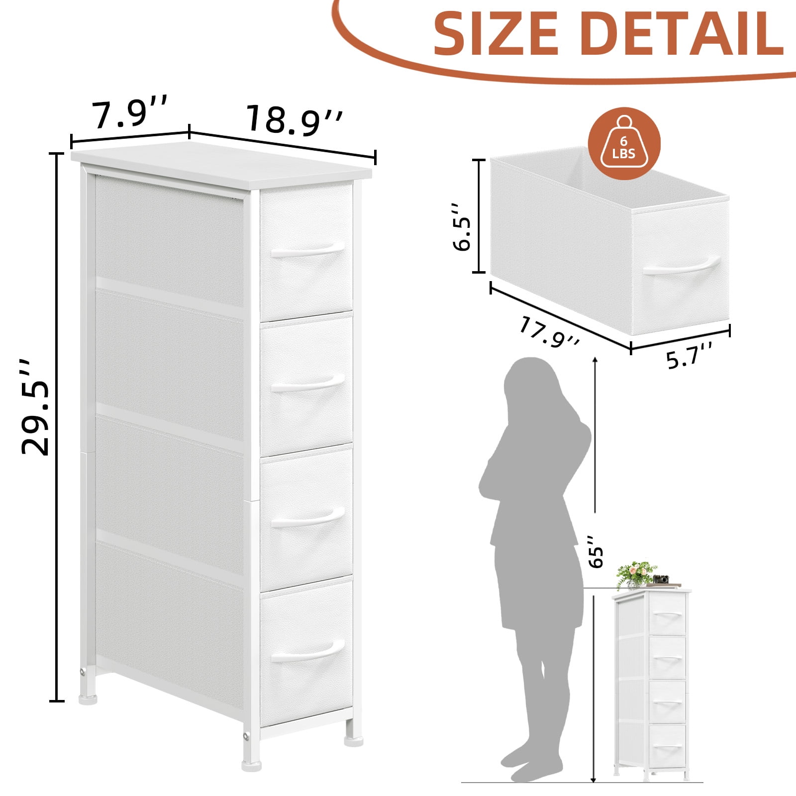 Eunos Narrow Dresser with 4 Slim Drawers for Bathroom Storage Cabinet Hallway, White Leather
