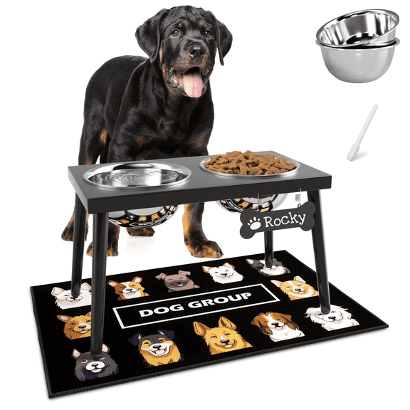 SHAINFUN Metal Raised Dog Bowl Stand for Breed, 10" Tall Dog Feeder with Sprill Proof Mat (58OZ-Stainless Steel Dog Bowls, Mat-16x24)