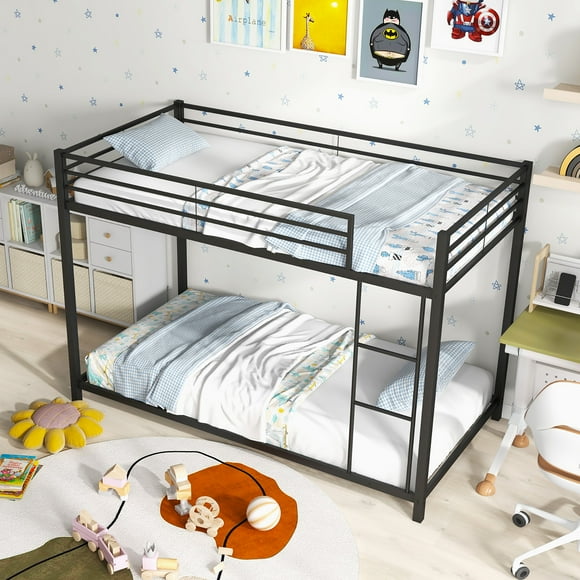 Gymax Twin Over Twin Low Metal Bunk Bed with Ladder Guardrails for Teens Adults Black