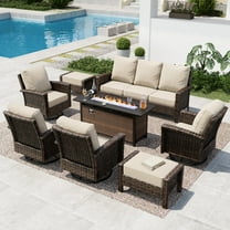9-Seat Outdoor Conversation Set with 56" Gas Fire Pit Table (50,000 BTU), Wicker Sectional Patio Furniture Set with Swivels Chairs, Beige