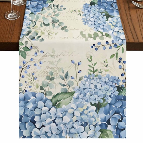 Flowers Leaves 72 Inch Table Runner, Farmhouse Floral Blue Green Beige Farmhouse Dresser Scarf Cotton & Linen Tablerunner for Dining/Kitchen Island/Holiday Party Décor 13" x 72"