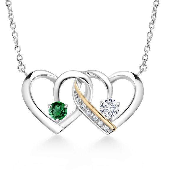 925 Silver and 10K Yellow Gold Green Nano Emerald and White Lab Grown Diamond Interlocking Heart Pendant Necklace for Women (0.60 Cttw, Round 4MM, Gemstone May Birthstone, with 18 inch Chain)