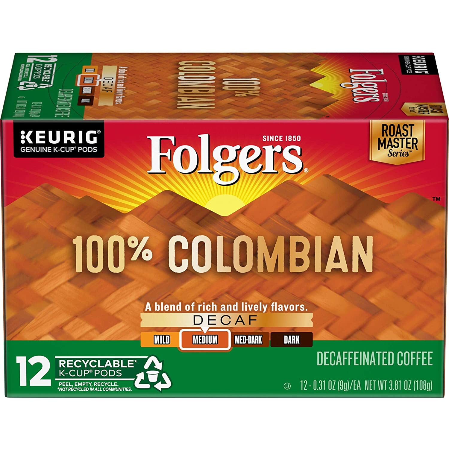 Folgers 100 Columbian, Decaffeinated, Medium, KCup Pods For For