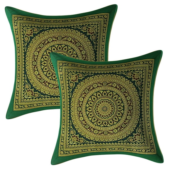 Stylo Culture Ethnic Bohemian Sofa Brocade Dark Green And Gold Decorative Throw Pillow Covers 12x12 Jacquard Weave Banarsi Sofa Pillow Covers Mandala Floral 30x30 cm Cushion Covers (Set Of 2)