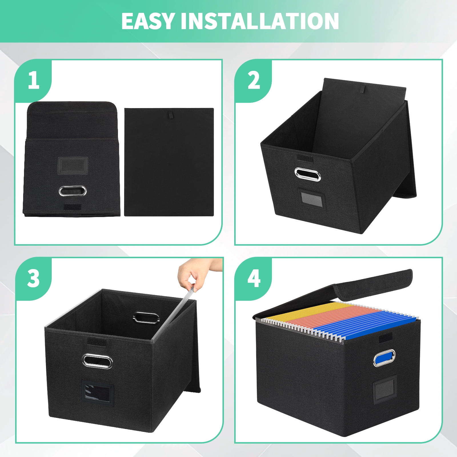 PHANCIR Foldable File Box Collapsible with Lid and Slides, Multi-purpose Storage with Pragmatic Design File Boxes for School, Home, Office,2PACK