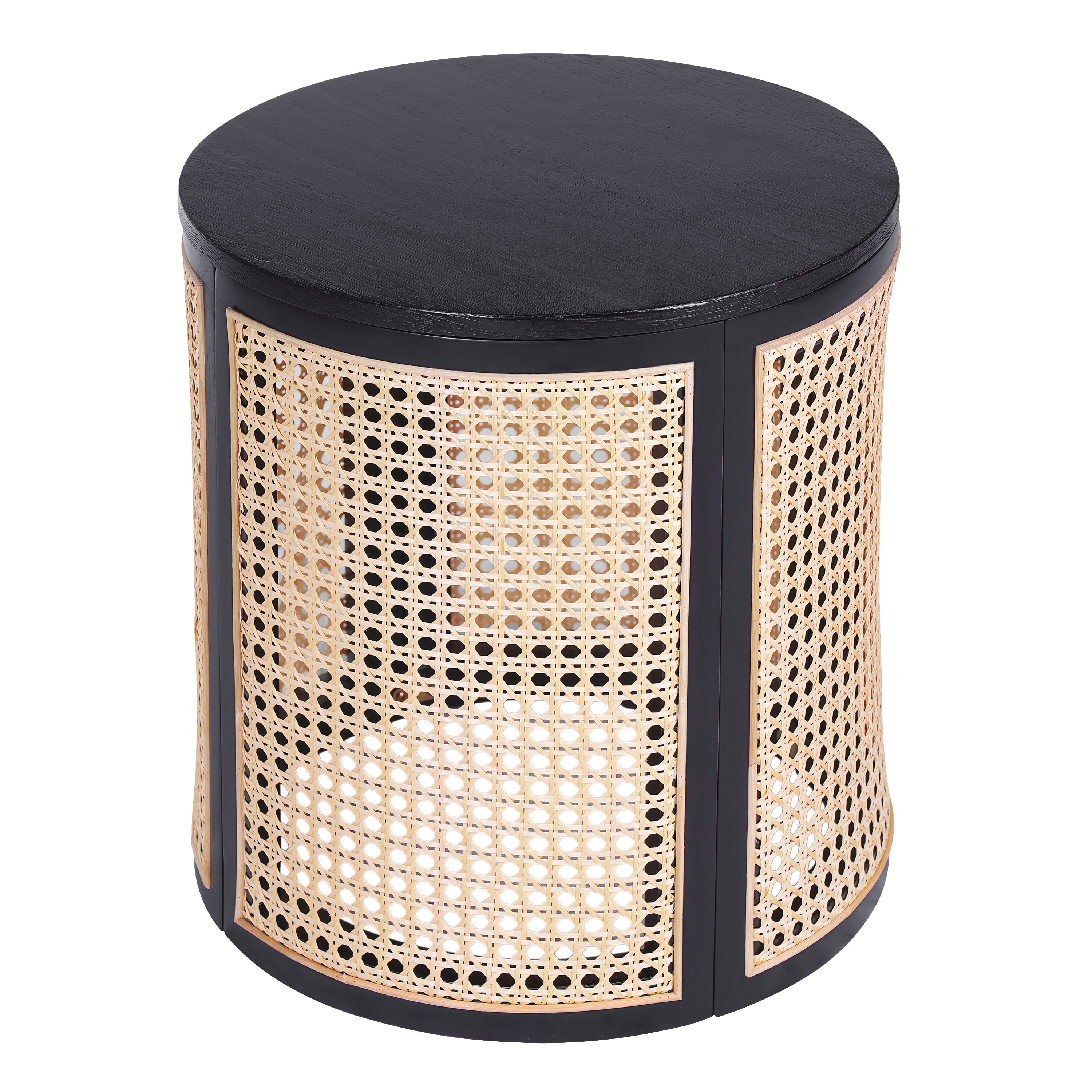 GARITIN Round End Table 15.7 Inch, Woven Rattan Style Side Table with Rubber Wood Frame for Living Room Bedroom, Black