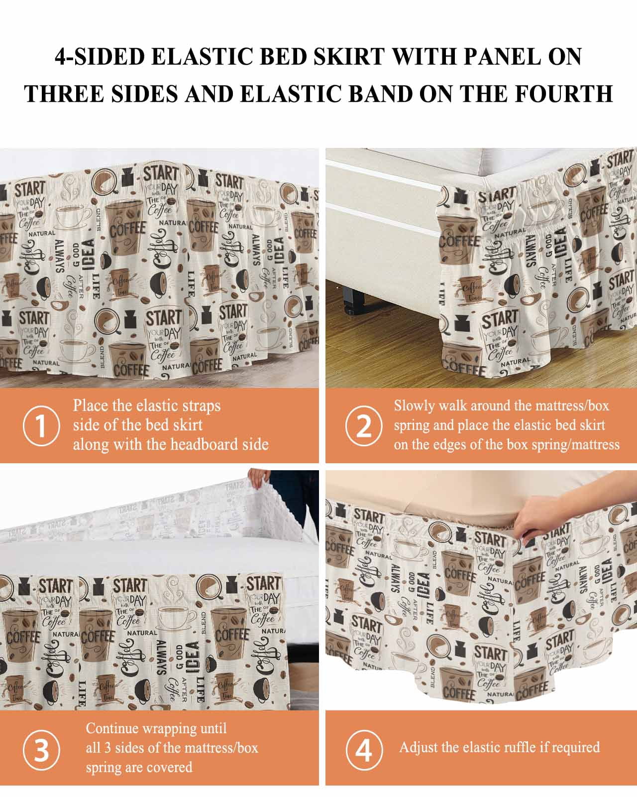 Coffee Wrap Around Bed Skirts for Queen Bed 16" Drop, Bed Skirt with Adjustable Elastic Belt Dust Ruffle Bed Valance for Bedroom Hotel Luxury Brown Beans Cup Dessert Drink Monochrome Bed Frame Cover