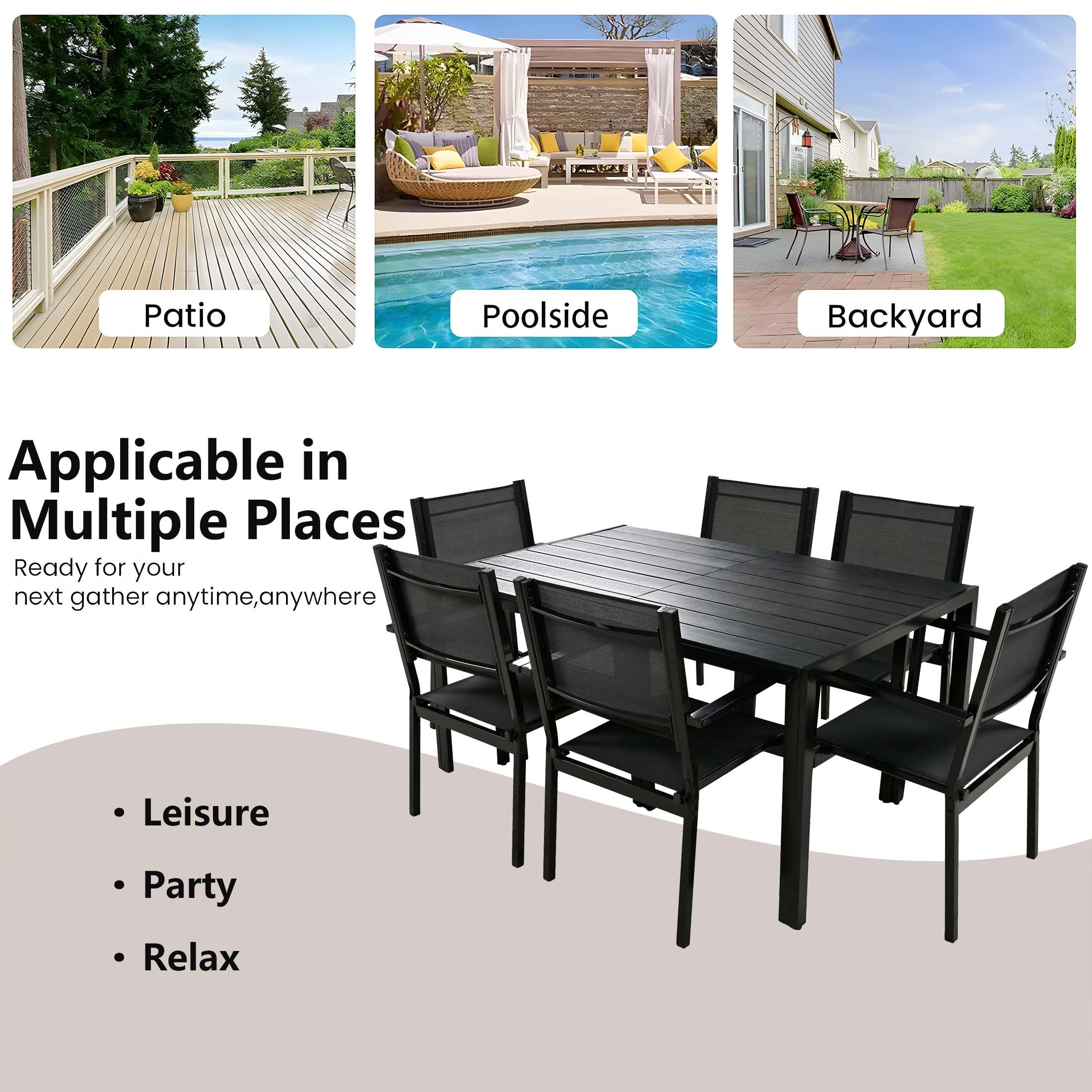 7 Piece Outdoor Dining Set, Patio Dining Table Set for 6 Persons, Garden Patio Textilene Dining Furniture Set with Plastic-Wood Tabletop, Dining Table Chairs Conversation Set for Deck Patio
