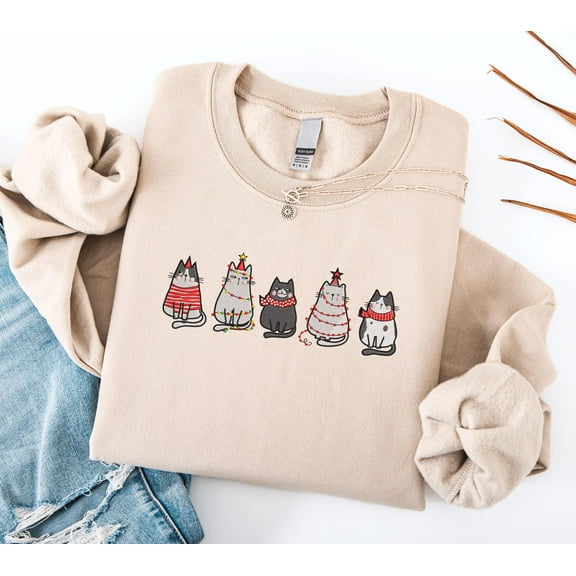 Embroidered Meowy Christmas Sweatshirt, Christmas Cat Shirt, Christmas Cat Shirt, Cat Mommy Shirt, Cat Lover Gift For Christmas