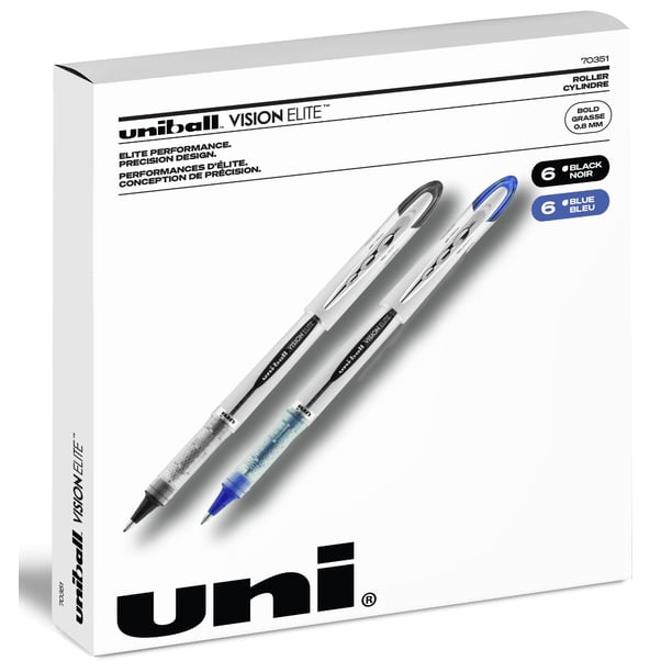 Bolígrafos Roller Uniball Vision Elite - Paquete de 12 (6 bolígrafos negros y 6 azules) - Punta de punta atrevida de 0,8 mm - Uni Super Ink protege contra la decoloración por fraude de agua - Ideal pa