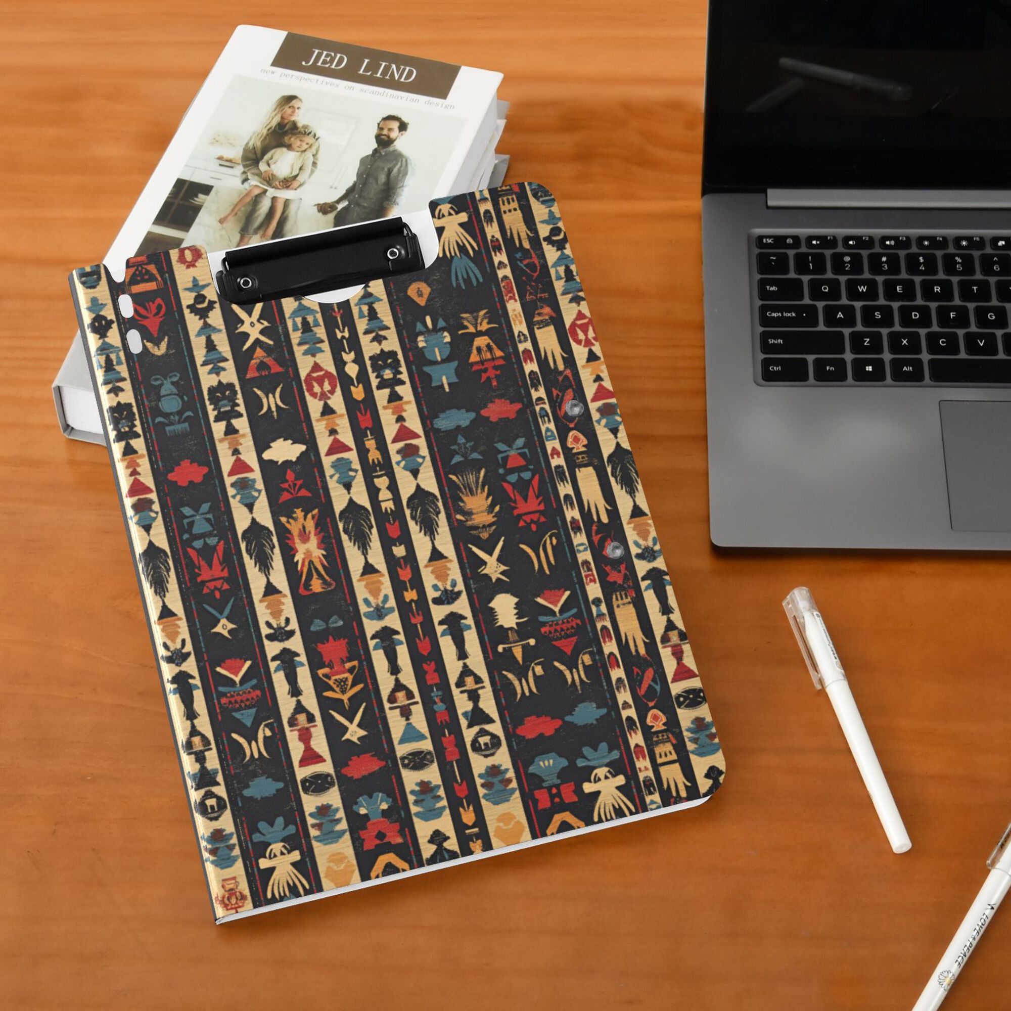 FORMRS A4 Clipboard Folder with Pen Holder Horizontal Foldable School Office Binder, Beige Geometric