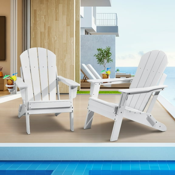 VEVOR Adirondack Chair Plastic, Set of 2 All-Weather Portable Folding Fire Pit Chair, Outdoor Adirondack Patio Chair with Cup Holder, with Relaxing Arm Rest Ergonomic, for Garden,Backyard - White