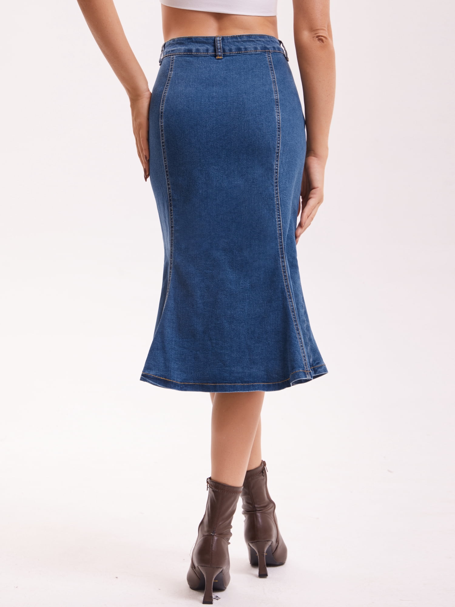 DARING DIVA Women's Bodycon Fishtail Ruffled Knee Length Jean Skirt Large Blue